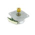A small brushed DC motor with a square silver metal housing, a brass-colored output shaft with a gear, and a green circuit board attached on the side, shown on a white background.