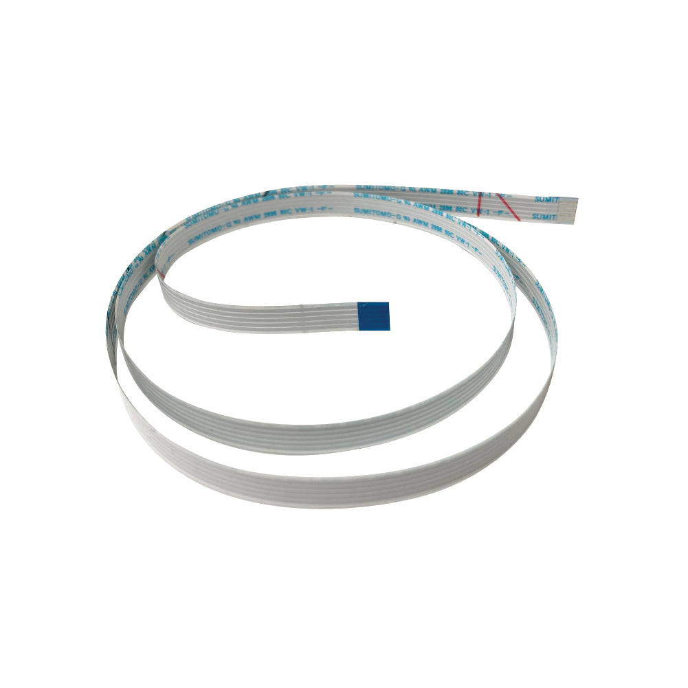 A flat ribbon cable with multiple thin white conductors, featuring a blue connector plug and a protective blue-and-white printed protective tape along its outer layer, shown on a plain white background.