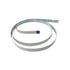 A flat ribbon cable with multiple thin white conductors, featuring a blue connector plug and a protective blue-and-white printed protective tape along its outer layer, shown on a plain white background.