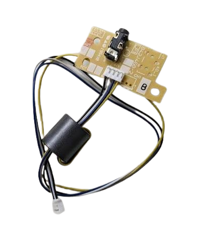 A replacement electronic control module featuring a gold circuit board, a black rotary switch, a black cylindrical component, and attached black, blue, and yellow wires with a white connector, isolated on a white background.