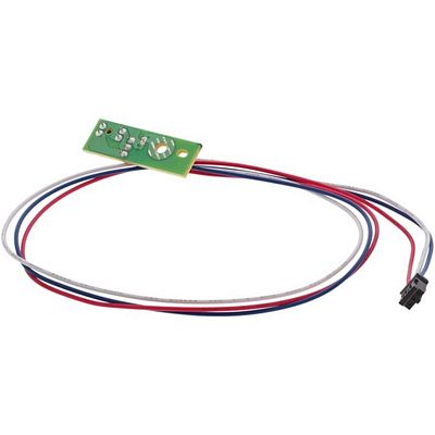 A small green electronic circuit board with several thin wires in red, white, and blue, ending in a small black connector, shown on a plain white background.