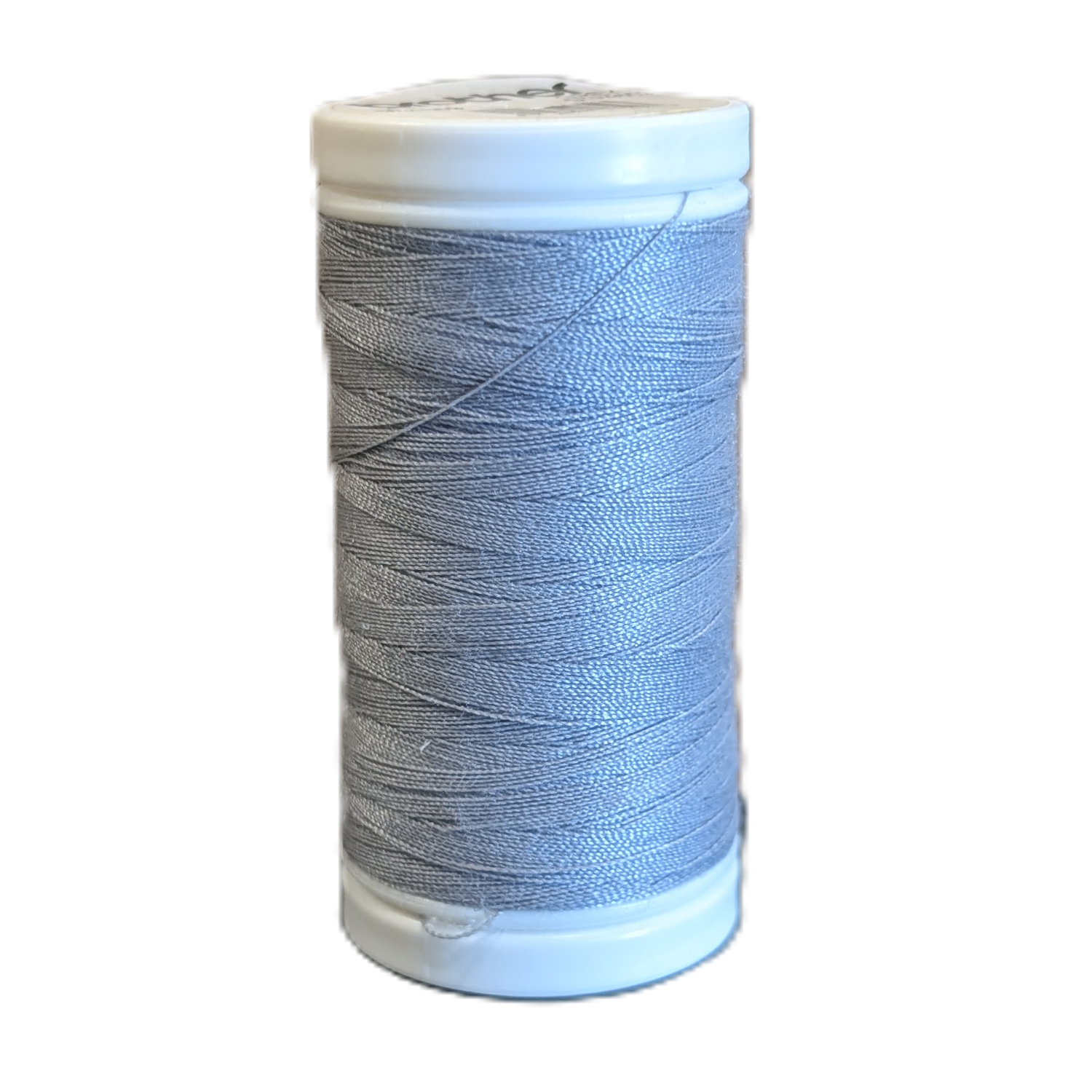 A spool of light blue-gray sewing thread wound on a white plastic core, isolated on a white background.