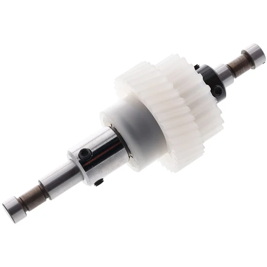 A plastic and metal gear assembly, featuring a large white translucent plastic gear ring and a silver metal shaft with a black bearing, shown on a solid white background.