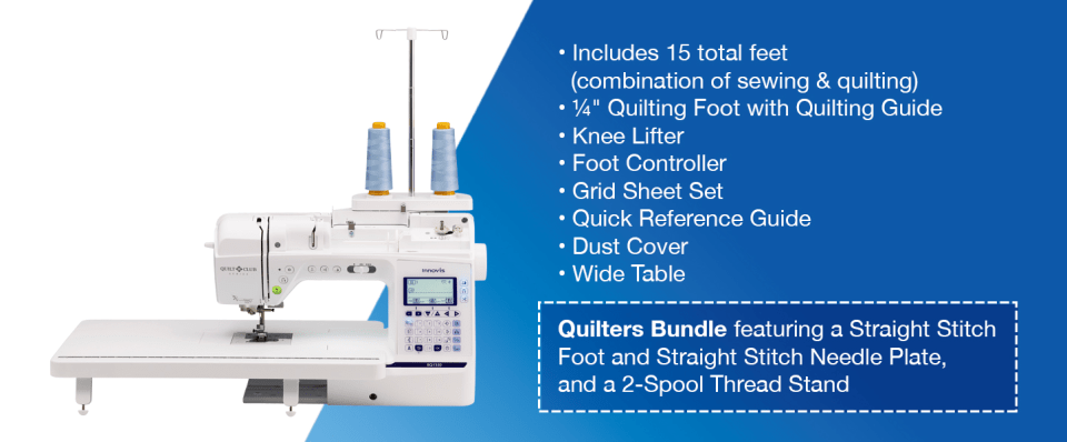 A white sewing machine shown on a blue promotional background with text listing included accessories such as a quilting foot, knee lifter, grid sheet set, quick reference guide, dust cover, and wide table.