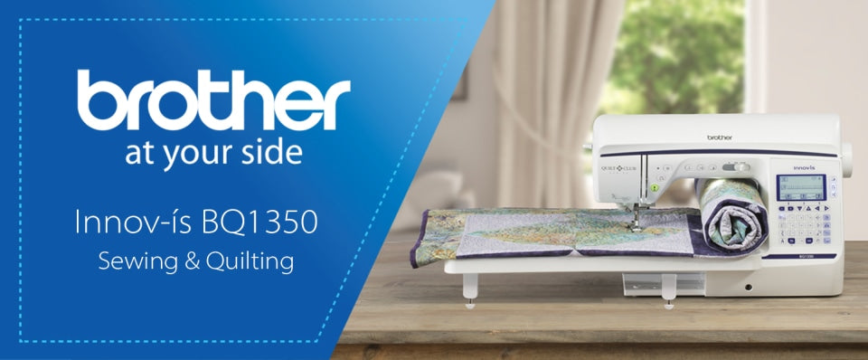 Brother Innov-is BQ1350 Sewing & Quilting machine shown on a wooden table in a bright room, with a large blue promotional banner on the left featuring the Brother logo and product name.