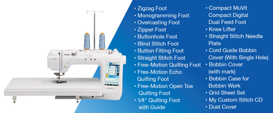 A white compact sewing machine shown on a blue promotional background with a list of included accessories and features printed alongside it.