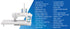 A white compact sewing machine shown on a blue promotional background with a list of included accessories and features printed alongside it.