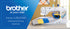 Brother Innov-is BQ2500 quilting and sewing machine shown on a tabletop with a blue and yellow fabric under the needle, alongside a blue promotional banner with the Brother logo and product text.