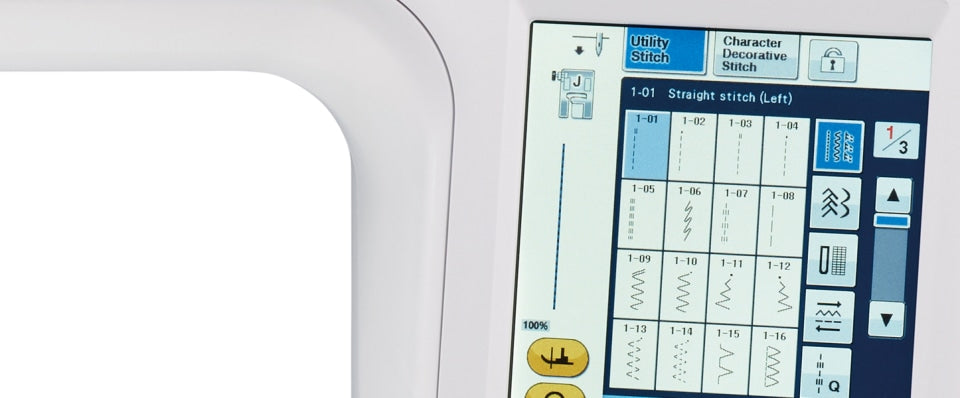 Close-up of a sewing machine control panel with a touchscreen interface showing stitch pattern options, alongside part of the white machine body.