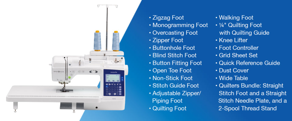 A white sewing machine shown on a blue and white promotional background with a list of included features and accessories printed beside it.