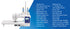 A white sewing machine shown on a blue and white promotional background with a list of included features and accessories printed beside it.