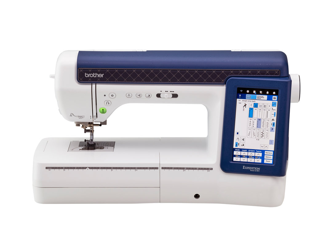 A Brother sewing machine with a white body, a dark blue top panel, and a large blue-bordered touchscreen display showing a digital interface, photographed on a plain white background.
