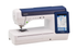 A Brother sewing machine with a white body, a navy blue top cover, and an attached blue backlit touchscreen display showing a stitch pattern interface.