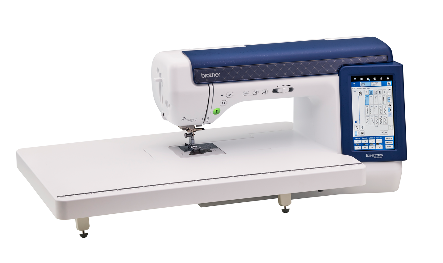 Brother BX1 sewing machine with an extended white quilting table and a blue digital touch screen display, shown on a solid white background.