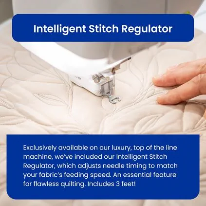 Sewing machine with Intelligent Stitch Regulator and hand holding fabric