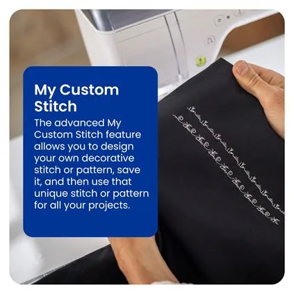 Person holding a black fabric with embroidered text next to a sewing machine, featuring the My Custom Stitch feature.