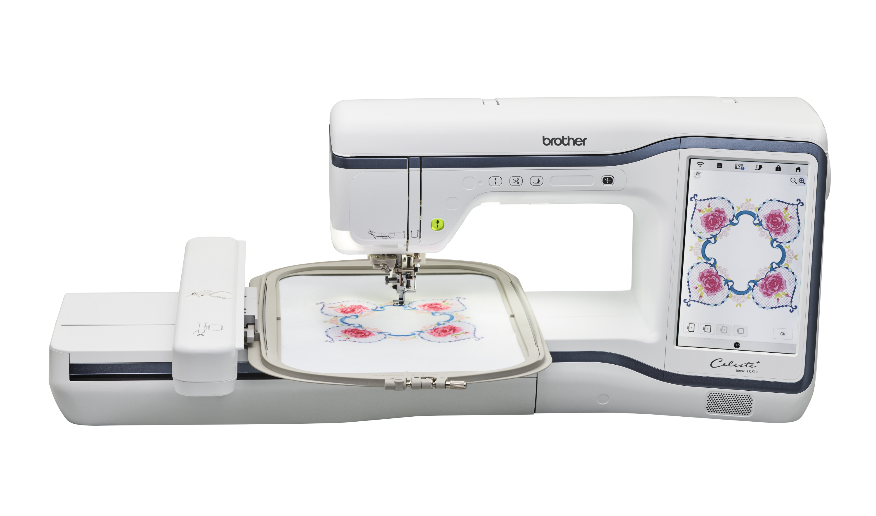 Brother embroidery machine with digital display on a white background
