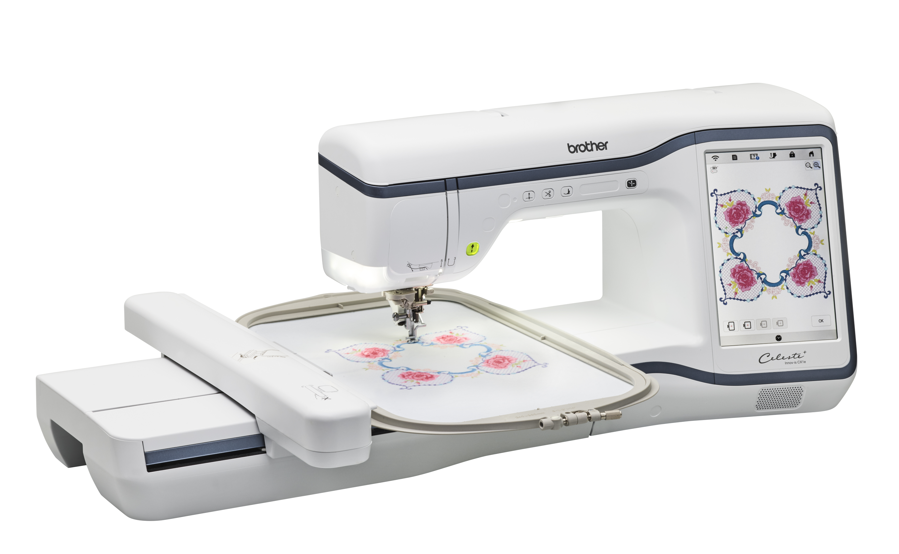 Brother embroidery machine with digital display on a white background