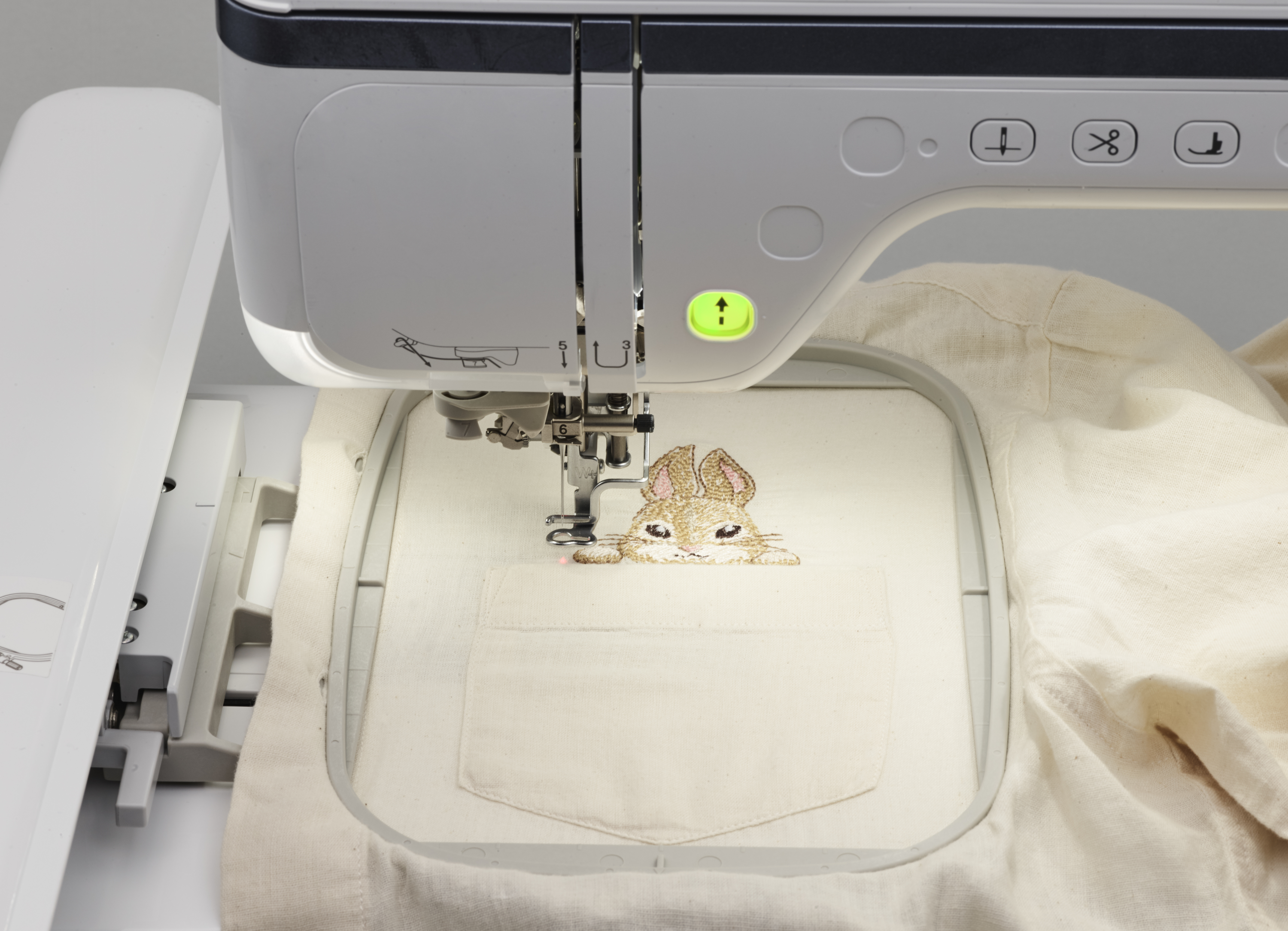 Embroidery machine stitching a design on fabric