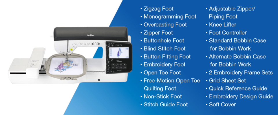 A white and black sewing machine shown on a blue-and-white promotional background with a list of included features and accessories printed on the right side.