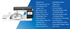A white and black sewing machine shown on a blue-and-white promotional background with a list of included features and accessories printed on the right side.