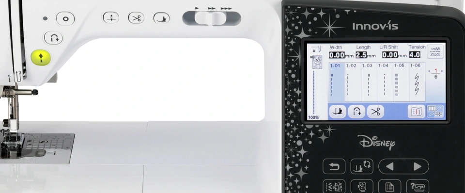 Close-up of a sewing machine with digital display and control panel, featuring the Innovis brand.