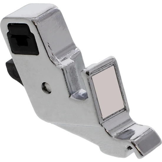 Metal sewing machine presser foot on a white background
