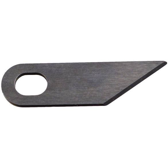 A dark gray metal replacement blade with a circular hole on one end, shown on a plain white background.