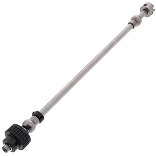 A long metallic rod assembly with black knurled end caps and small black rings, photographed on a plain white background.