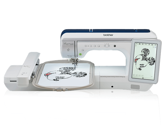 Brother embroidery machine with digital display on a white background