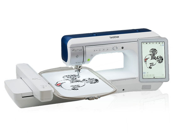 Brother embroidery machine with digital display on a white background
