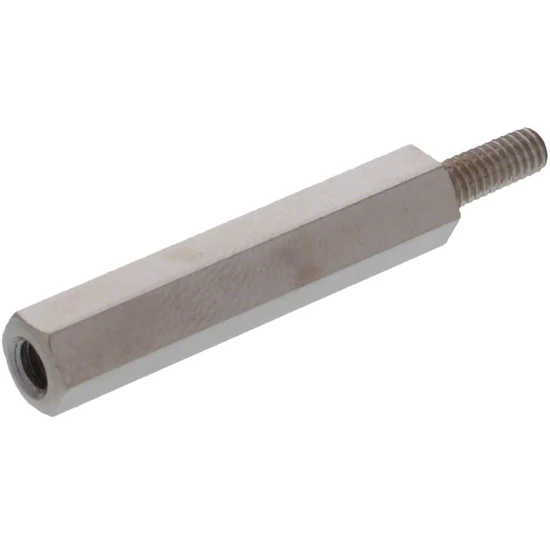 A metal hexagonal threaded rod or adapter bolt with a hexagonal body and a threaded end, shown on a plain white background.