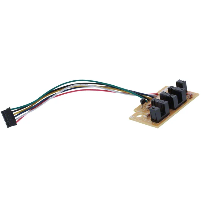 A small electronic control module with a beige circuit board, three black terminal blocks, and a multi-colored wire connector with green, yellow, red, white, and black wires, shown on a white background.