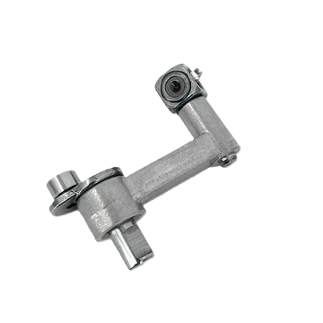 A metallic mechanical linkage arm with a hex nut and bolt assembly, isolated on a white background.
