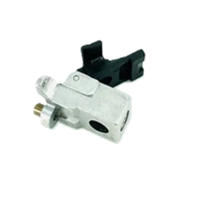 A silver metal mechanical component with a small brass screw and a black plastic clip, shown on a plain white background.