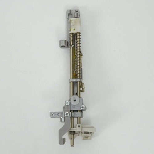 A sewing machine needle bar supporter assembly with a spring, bracket, and plastic connector, shown against a plain light background.