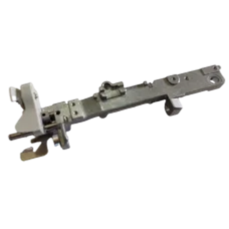 A metal door latch mechanism or lock assembly with a silver and gray finish, shown on a plain white background.