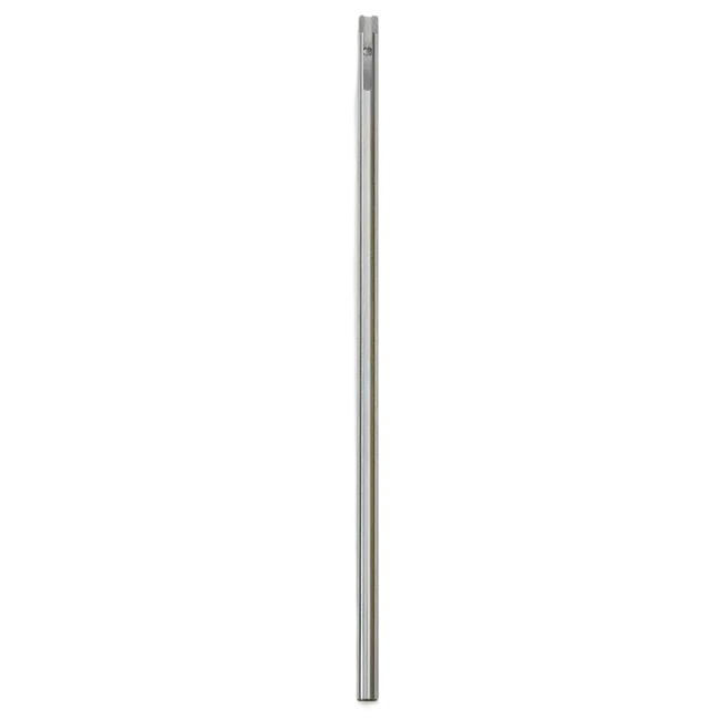 A slim, metallic silver vertical pole or rod shown upright against a solid white background.