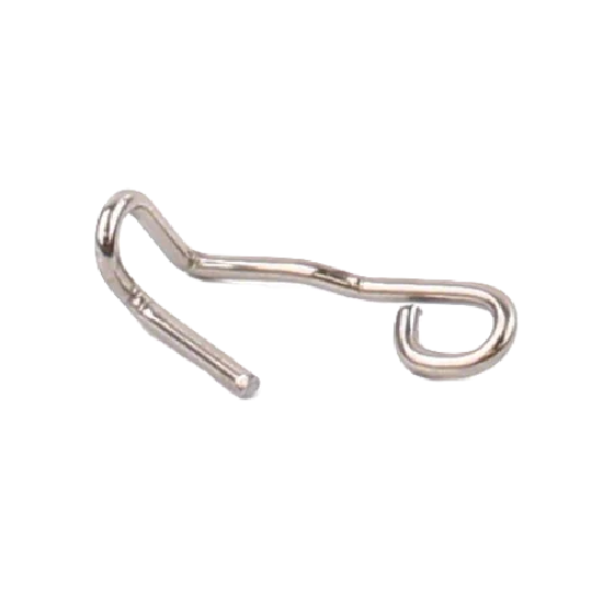 A small metallic silver hook or clip with a bent, curved shape, isolated on a plain white background.