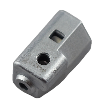 A small metallic silver component with a hexagonal body, a circular hole, a square slot, and a protruding cylindrical opening, shown on a plain white background.
