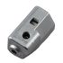 A small metallic silver component with a hexagonal body, a circular hole, a square slot, and a protruding cylindrical opening, shown on a plain white background.