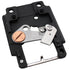 A replacement needle plate, featuring a black plastic housing, silver metal lever arms, and a copper-colored circular component, shown on a plain white background.