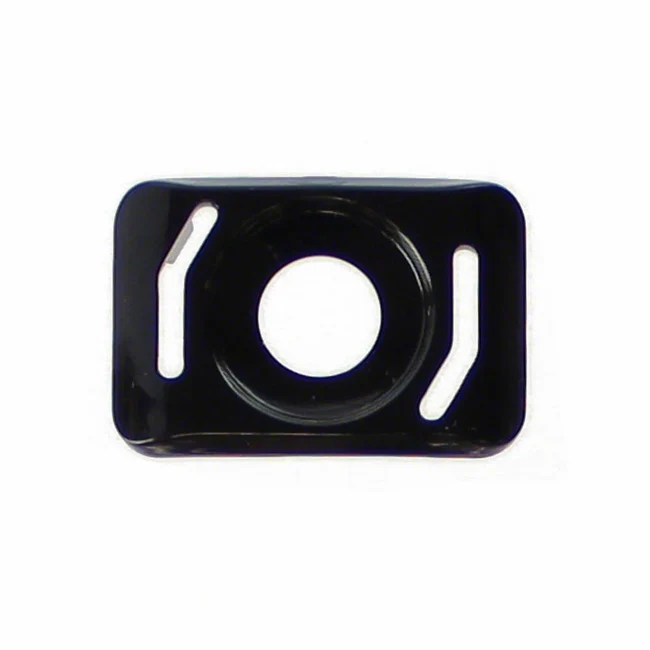 Black component with circular hole and cutouts on a white background