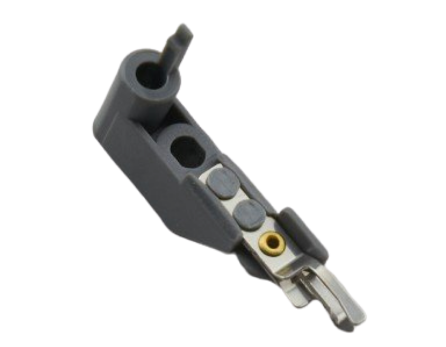 Gray needle threader hook assembly on a white background