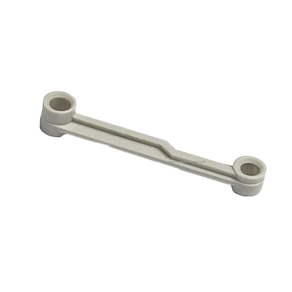 A light gray plastic mechanical arm with two circular pivot sockets, shown on a plain white background.