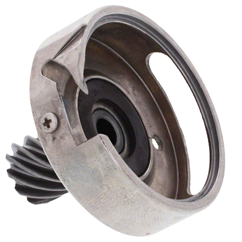 Metal bobbin hook assembly on a white background
