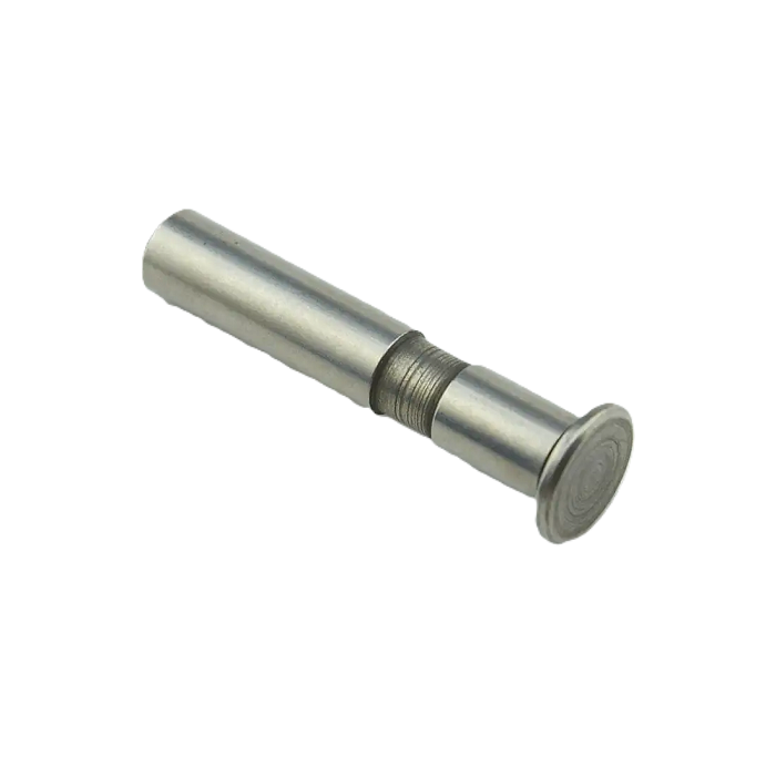 A metallic silver cylindrical pin or fastener with a threaded section and a flat circular end, shown on a plain white background.
