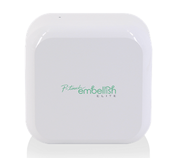 White electronic device with 'P-touch embellish elite' branding on a transparent background