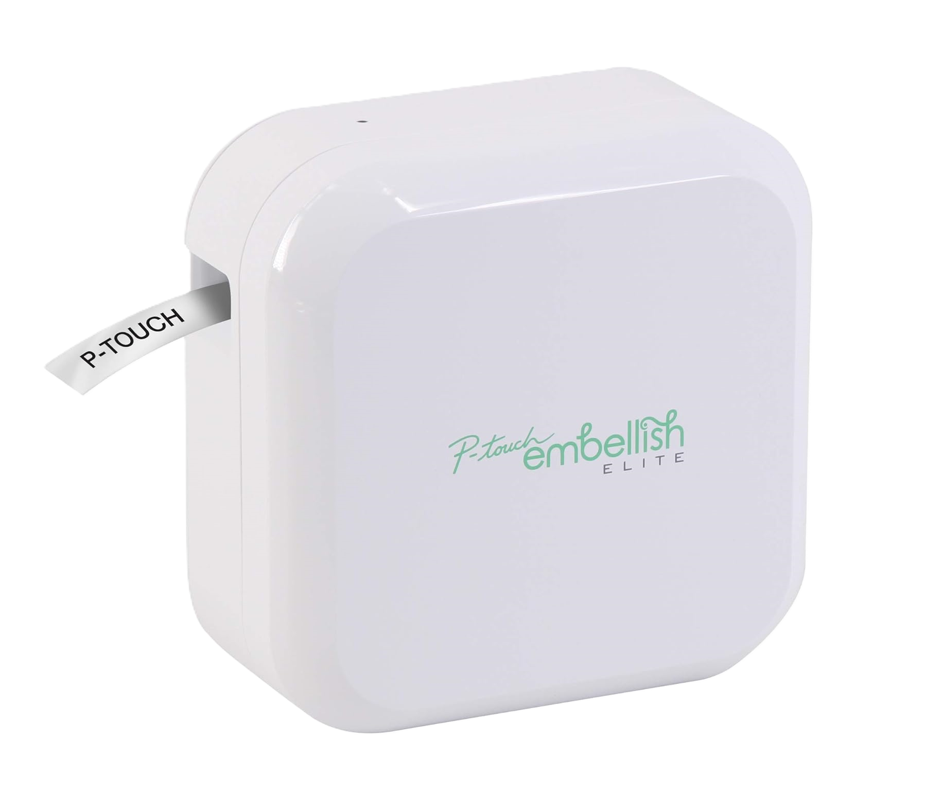 White electronic device with 'P-touch embellish elite' branding on a transparent background