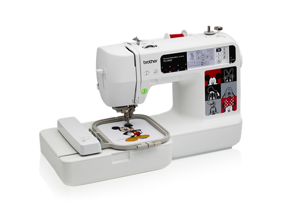 Brother sewing machine with embroidery hoop on a white background
